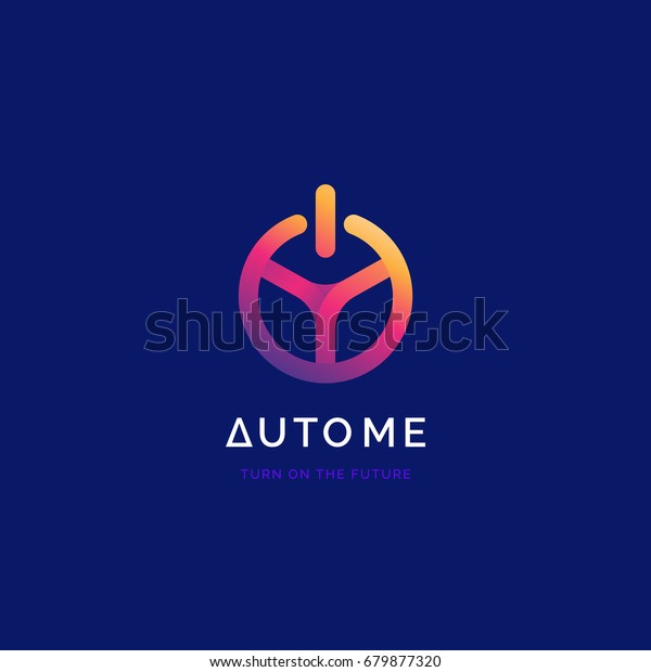 Steering wheel with power button logo. Driverless\
car symbol. Driving school\
logo.