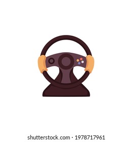 Steering wheel for racing or car driving simulator. Augmented virtual reality experience, device for video games. VR technology for entertainment or learning. Vector illustration