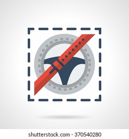 Steering wheel and red seat belt. Driver safety. Traffic laws sign. Car insurance. Vector icon flat color style. Web design element for site, mobile and business.
