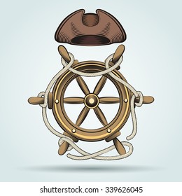 Steering wheel with ropes and sailor hat. Colorful illustration.