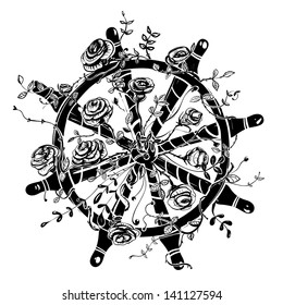 Steering Wheel with Roses. Romantic nautical roses. Vector EPS8 illustration.