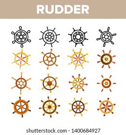 Steering Wheel, Rudder Linear Vector Icons Set, Sailboat, Ship Rudder Thin Line Contour Symbols Pack. Maritime Travel Navigation Pictograms Collection. Vessel Control Flat Illustrations