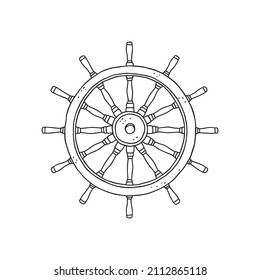 Steering wheel rudder. Vector black white doodle sketch outline retro isolated illustration.