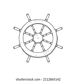 Steering wheel rudder. Vector black white doodle sketch outline retro isolated illustration.