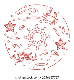 Steering wheel and sea inhabitants: fish, seashells, starfish, crab, octopus. Design for banner, poster or print.