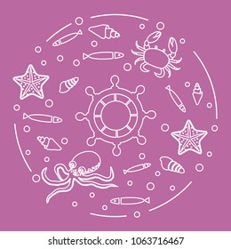 Steering wheel and sea inhabitants: fish, seashells, starfish, crab, octopus. Design for banner, poster or print.