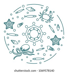 Steering wheel and sea inhabitants: fish, seashells, starfish, crab, octopus. Design for banner, poster or print.