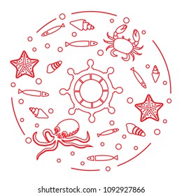 Steering wheel and sea inhabitants: fish, seashells, starfish, crab, octopus. Design for banner, poster or print.
