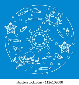 Steering wheel and sea inhabitants: fish, seashells, starfish, crab, octopus. Design for banner, poster or print.