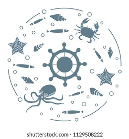 Steering wheel and sea inhabitants: fish, seashells, starfish, crab, octopus. Design for banner, poster or print.