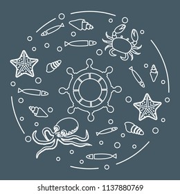 Steering wheel and sea inhabitants: fish, seashells, starfish, crab, octopus. Design for banner, poster or print.