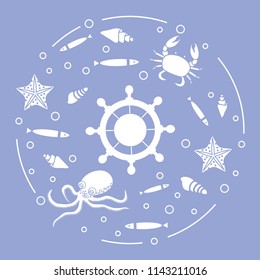 Steering wheel and sea inhabitants: fish, seashells, starfish, crab, octopus. Design for banner, poster or print.