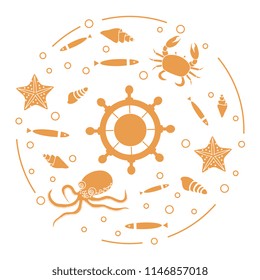 Steering wheel and sea inhabitants: fish, seashells, starfish, crab, octopus. Design for banner, poster or print.