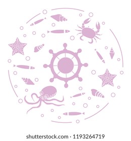 Steering wheel and sea inhabitants: fish, seashells, starfish, crab, octopus. Design for banner, poster or print.