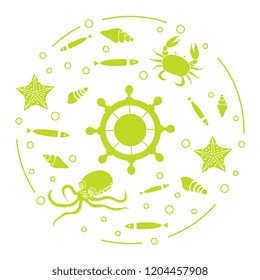 Steering wheel and sea inhabitants: fish, seashells, starfish, crab, octopus. Design for banner, poster or print.