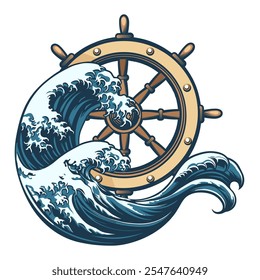 Volante e Onda do Mar Emblema Colorido Isolado no Branco. Ilustração vetorial