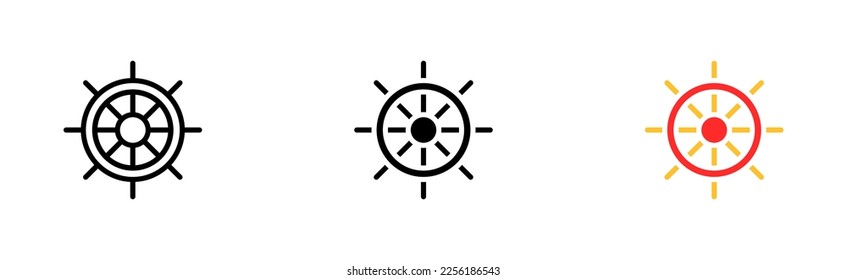 Steering wheel set icon. Helm, wheel, control, navigate, navigation, geography, location, ship. Geolocation concept. Vector icon in line, black and colorful style on white background