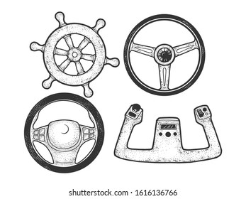 Steering wheel set sketch engraving vector illustration. T-shirt apparel print design. Scratch board imitation. Black and white hand drawn image.