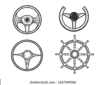 Steering wheel set sketch engraving vector illustration. T-shirt apparel print design. Scratch board imitation. Black and white hand drawn image.