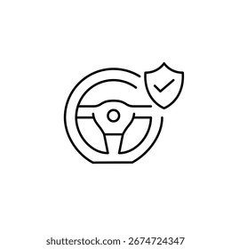 Volante, escudo e marca de verificação. Segurança certificada do motorista, seguro de carro. Pixel perfeito, ícone de vetor de traçado editável