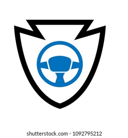 steering wheel and shield vector illustration. Blue steering wheel and black shield.Can be used as icon for security, protected graphic object
