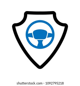 steering wheel and shield vector illustration. Blue steering wheel and black shield.Can be used as icon for security, protected graphic object