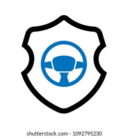 steering wheel and shield vector illustration. Blue steering wheel and black shield.Can be used as icon for security, protected graphic object