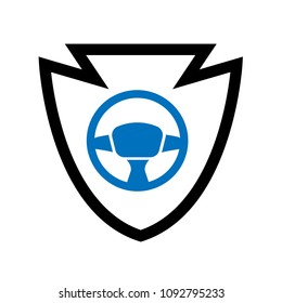 steering wheel and shield vector illustration. Blue steering wheel and black shield.Can be used as icon for security, protected graphic object