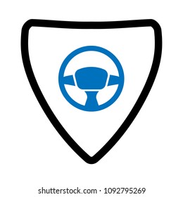 steering wheel and shield vector illustration. Blue steering wheel and black shield.Can be used as icon for security, protected graphic object