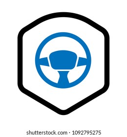 steering wheel and shield vector illustration. Blue steering wheel and black shield.Can be used as icon for security, protected graphic object