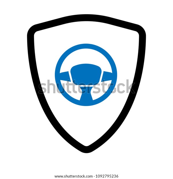 steering wheel and shield vector illustration.\
Blue steering wheel and black shield.Can be used as icon for\
security, protected graphic\
object