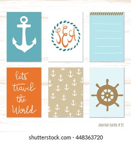 steering wheel ship, anchor. Vector design templates for journal cards, scrapbooking cards, greeting cards, gift cards, patterns, blogging. Planner cards. Cute doodle. Printable templates set.