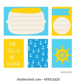 steering wheel ship, anchor.  Vector design templates for journal cards, scrapbooking cards, greeting cards, gift cards, patterns, blogging. Planner cards. Cute doodle. Printable templates set.