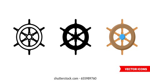 Steering wheel ship icon of 3 types: color, black and white, outline. Isolated vector sign symbol.
