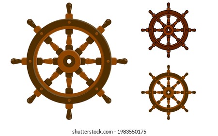 Steering wheel ship icon, fishing boat. Yacht management at sea. Flat color vector with stroke in different styles