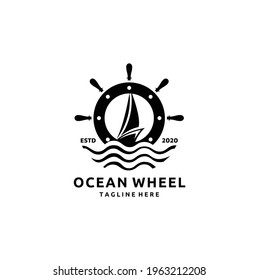 Steering Wheel with Ship Inside and Sea Wave for Boat Logo Design	