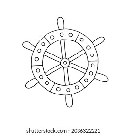 Steering wheel of the ship. Ship management. Steering wheel. Vector. Doodle. Hand-drawn illustration. Silhouette. Black and white outline. Coloring.