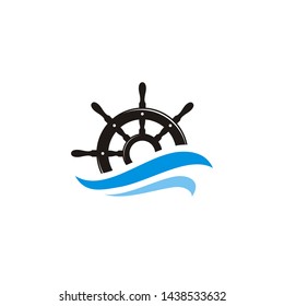 Steering Wheel Ship with Ocean Sea Wave for Sailing Boat Sailboat Yacht logo design