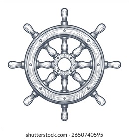 O volante do navio. O volante é pintado de tinta preta. Ilustração de vetor vintage, desenhada à mão. Desenho linear sobre fundo branco.