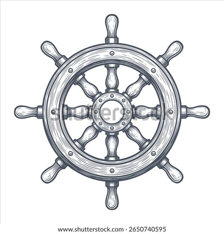 The steering wheel of the ship. The steering wheel is painted in black ink. Vintage vector illustration, hand-drawn. Linear drawing on a white background.