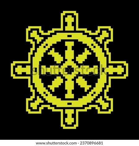 Steering wheel ship Pixel silhouette icon, fishing boat. Yacht management at sea. Simple black and yellow vector