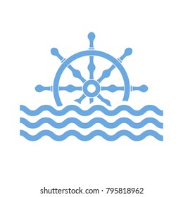 Steering wheel ship with sea waves. Vector illustration. Nautical symbols in flat design