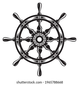The steering wheel of the ship is stylish, a symbol of navigation, travel, adventure and new horizons on a white background in monochrome