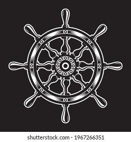 The steering wheel of the ship is stylish, a symbol of navigation, travel, adventure and new horizons on a black background in monochrome