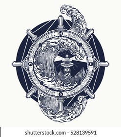 Steering wheel ship tatto art, sea tattoo and t-shirt design. Lighthouse storm. Searchlight tower for maritime navigational guidance.  Ocean wave storm art 