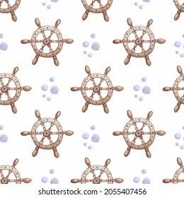Steering wheel of a ship watercolor. Seamless vector pattern. Children's textiles, wallpaper design.