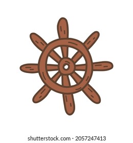 Steering wheel of the ship. Wooden rudder, antique equipment. Colorful vector isolated illustration hand drawn outline