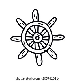 Steering wheel of the ship. Wooden rudder, antique equipment. Black and white vector isolated illustration hand drawn doodle