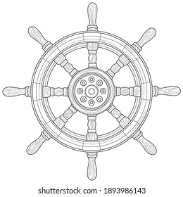 Steering wheel of the ship.Coloring book antistress for children and adults. Illustration isolated on white background.Zen-tangle style. Black and white drawing