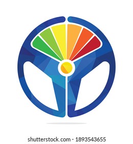 Steering wheel speed meter logo concept design. Colorful speed meter with steering wheel icon.